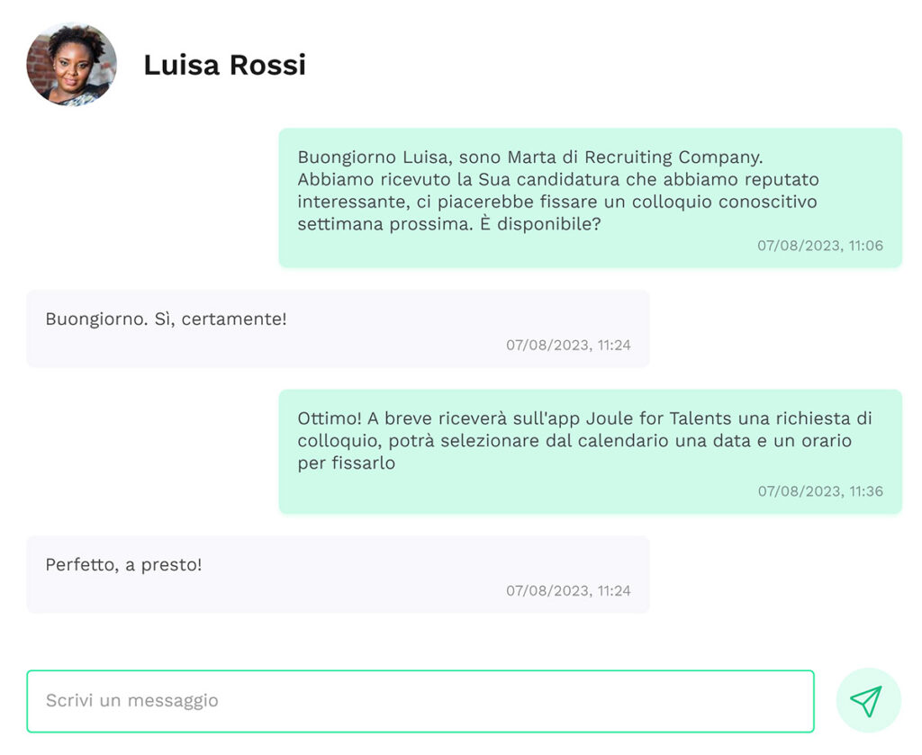 Joule for Recruiters - screen interfaccia messaggistica