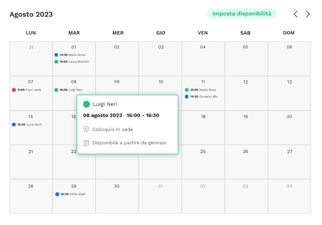 Joule for Recruiters - Screen interfaccia calendario